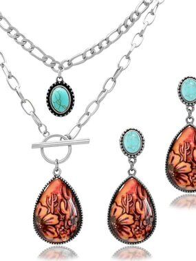 3 Pcs Western Turquoise Jewelry for Women Bohemian Set Cactus Turquoise Necklace
